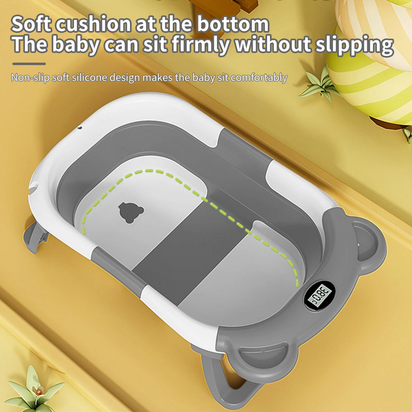 Baignoire bébé pliable avec thermomètre - tapis antidérapant coussin soutien baignoire voyage nouveau-né 0-15 mois