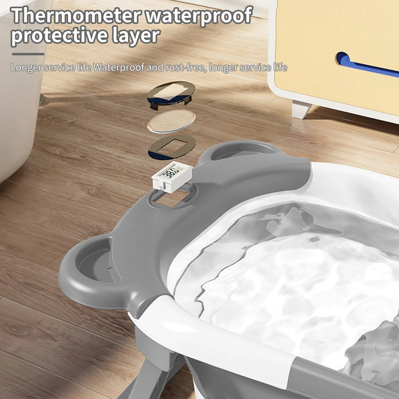 Baignoire bébé pliable Mybooni — Thermomètre intégré tapis antidérapant 0-15M