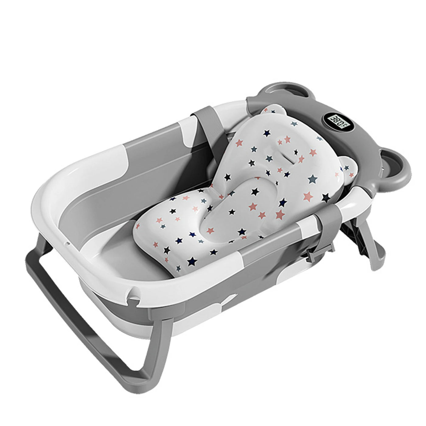 Baignoire bébé pliable avec thermomètre - tapis antidérapant coussin soutien baignoire voyage nouveau-né 0-15 mois