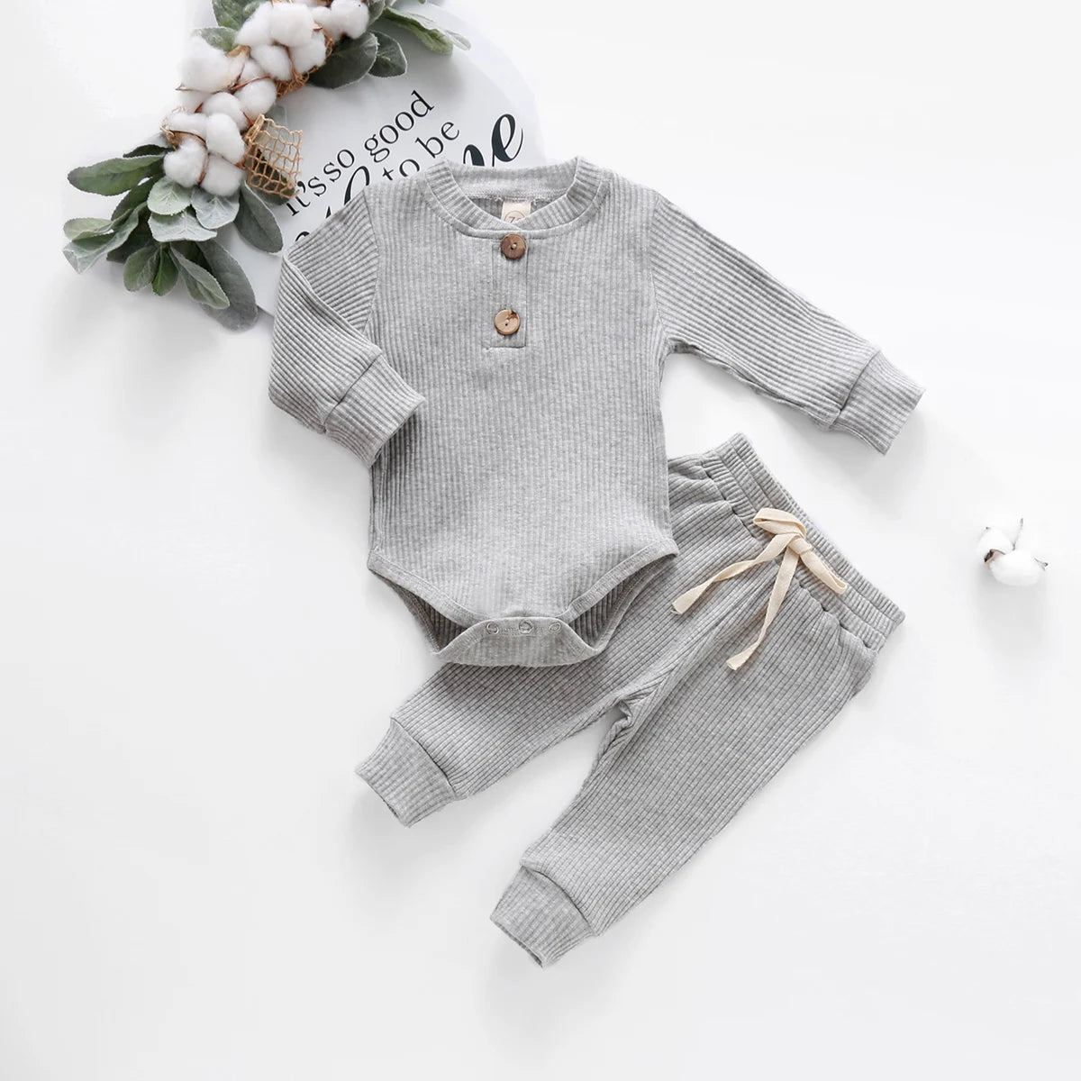 Ensemble 2 pièces bébé body côtelé/carreaux manches longues + pantalon - tenue nouveau-né 0-18 mois