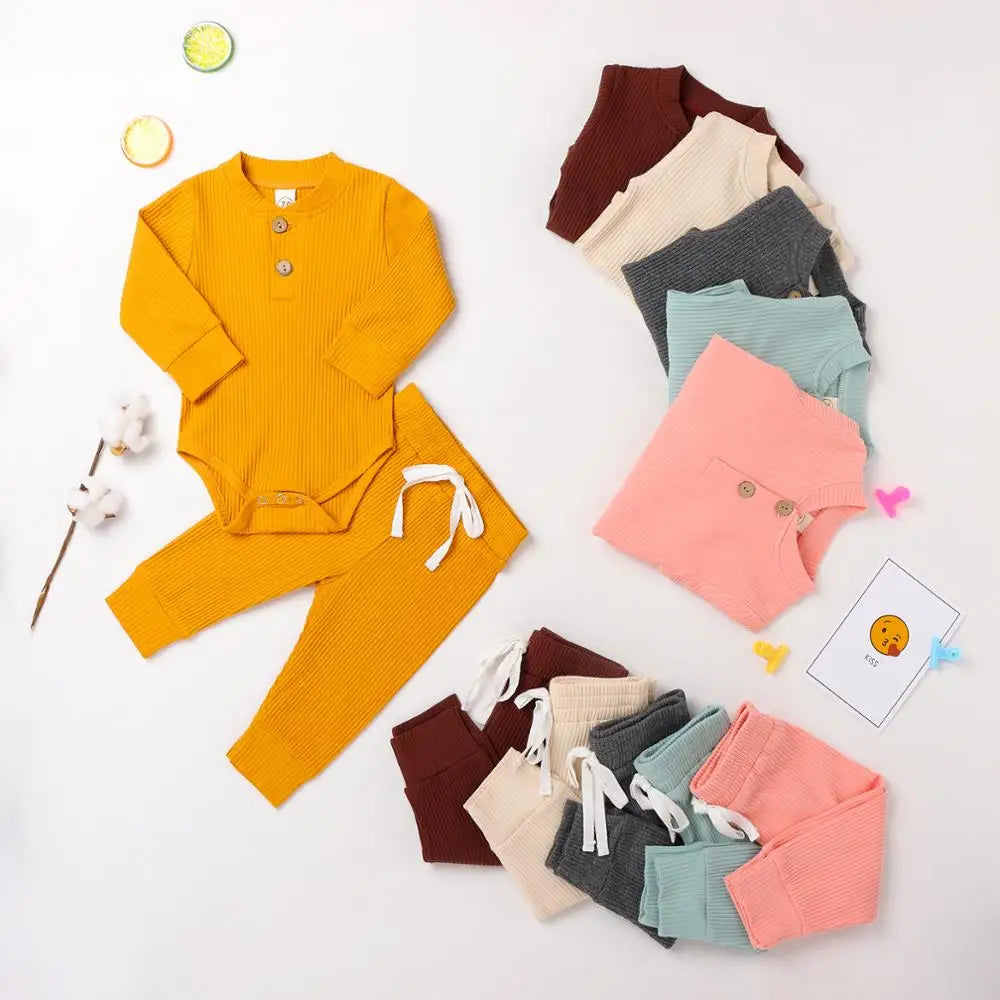 Ensemble 2 pièces bébé body côtelé/carreaux manches longues + pantalon - tenue nouveau-né 0-18 mois