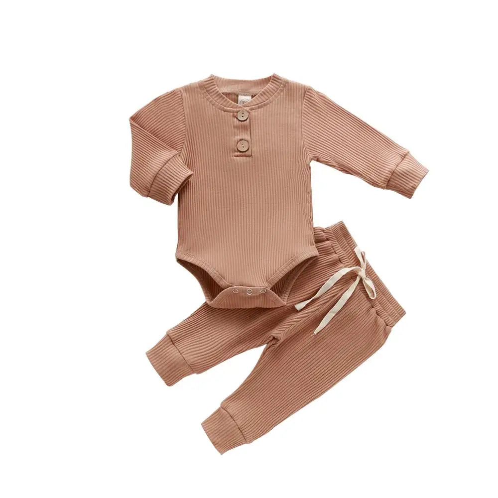 Ensemble 2 pièces bébé body côtelé/carreaux manches longues + pantalon - tenue nouveau-né 0-18 mois