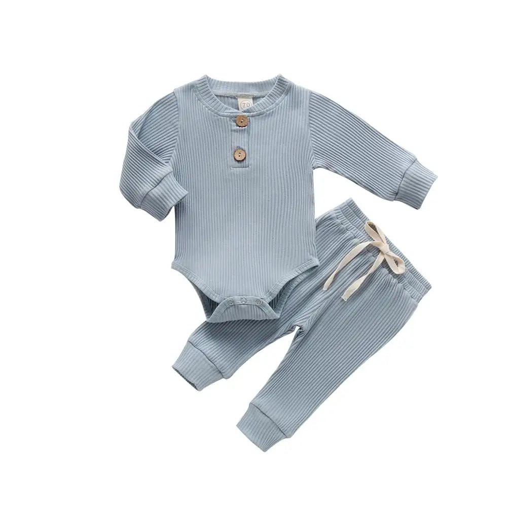 Ensemble 2 pièces bébé body côtelé/carreaux manches longues + pantalon - tenue nouveau-né 0-18 mois
