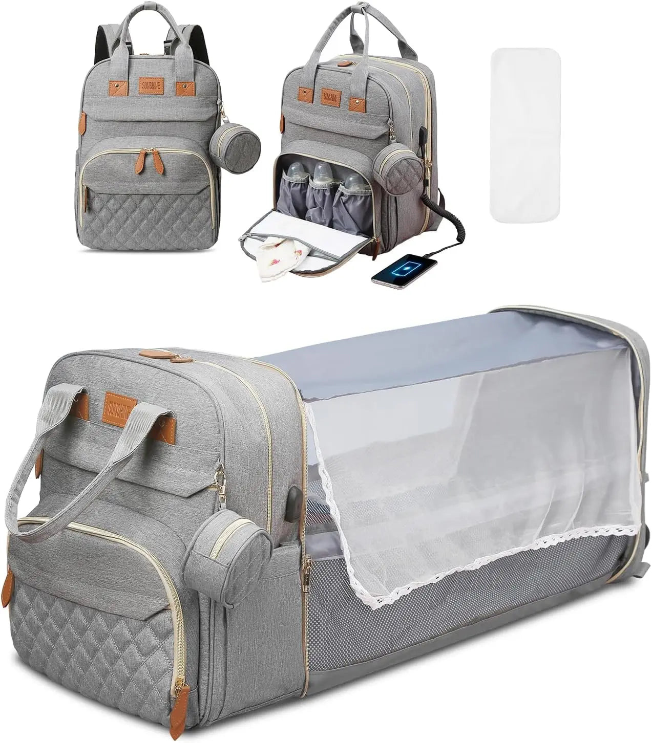 Sac à langer gris avec filet pour sorties bébé
