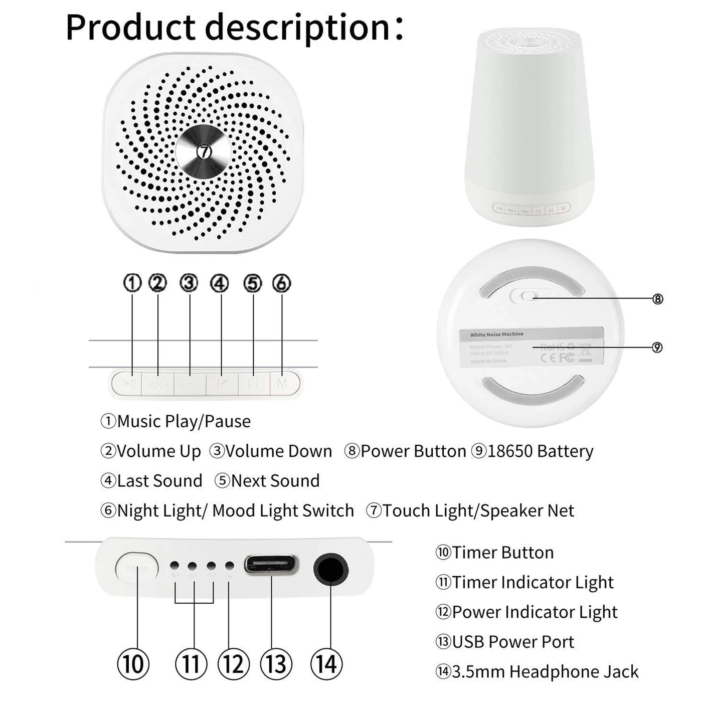 Machine à bruit blanc 28 sons Mybooni — Veilleuse colorée prise casque 3,5 mm