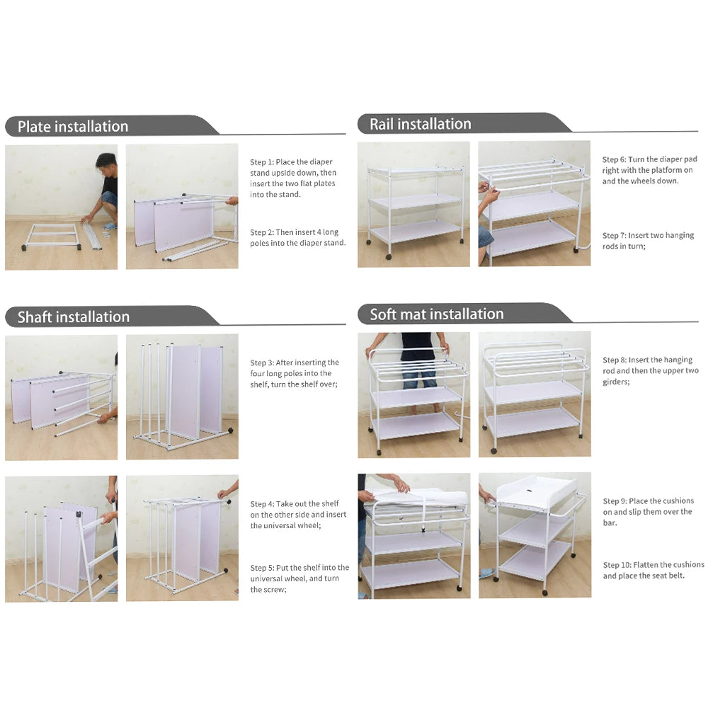 Table à langer 48 cm 4 roulettes Mybooni — 2 étagères ceinture de sécurité