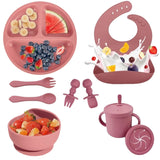 Set repas bébé silicone sans BPA ventouse - bol assiette tasse paille cuillère fourchette enfant