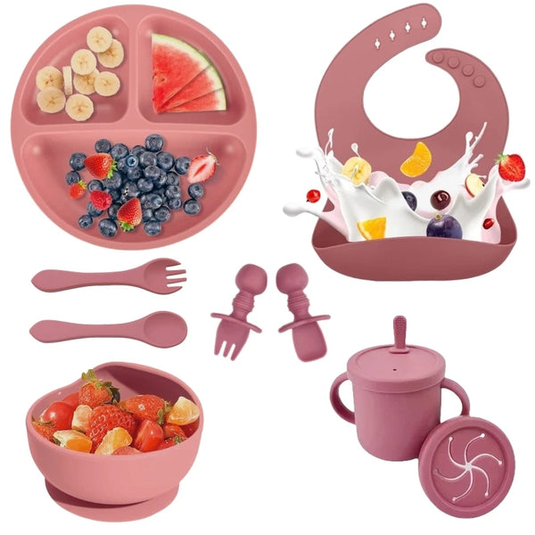 Set vaisselle bébé silicone sans BPA Mybooni — Bol ventouse assiette tasse couverts