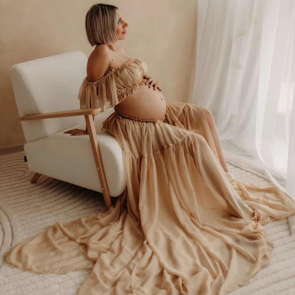Robe maternité mousseline Mybooni — Épaules dénudées pour photographie grossesse