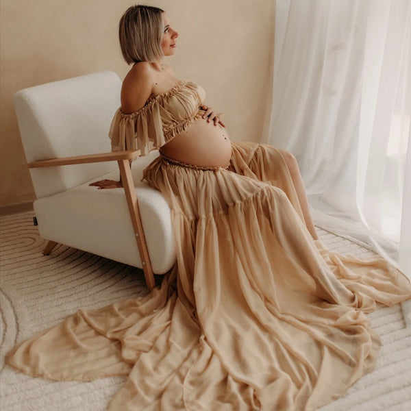 Robe maternité mousseline Mybooni — Épaules dénudées pour photographie grossesse