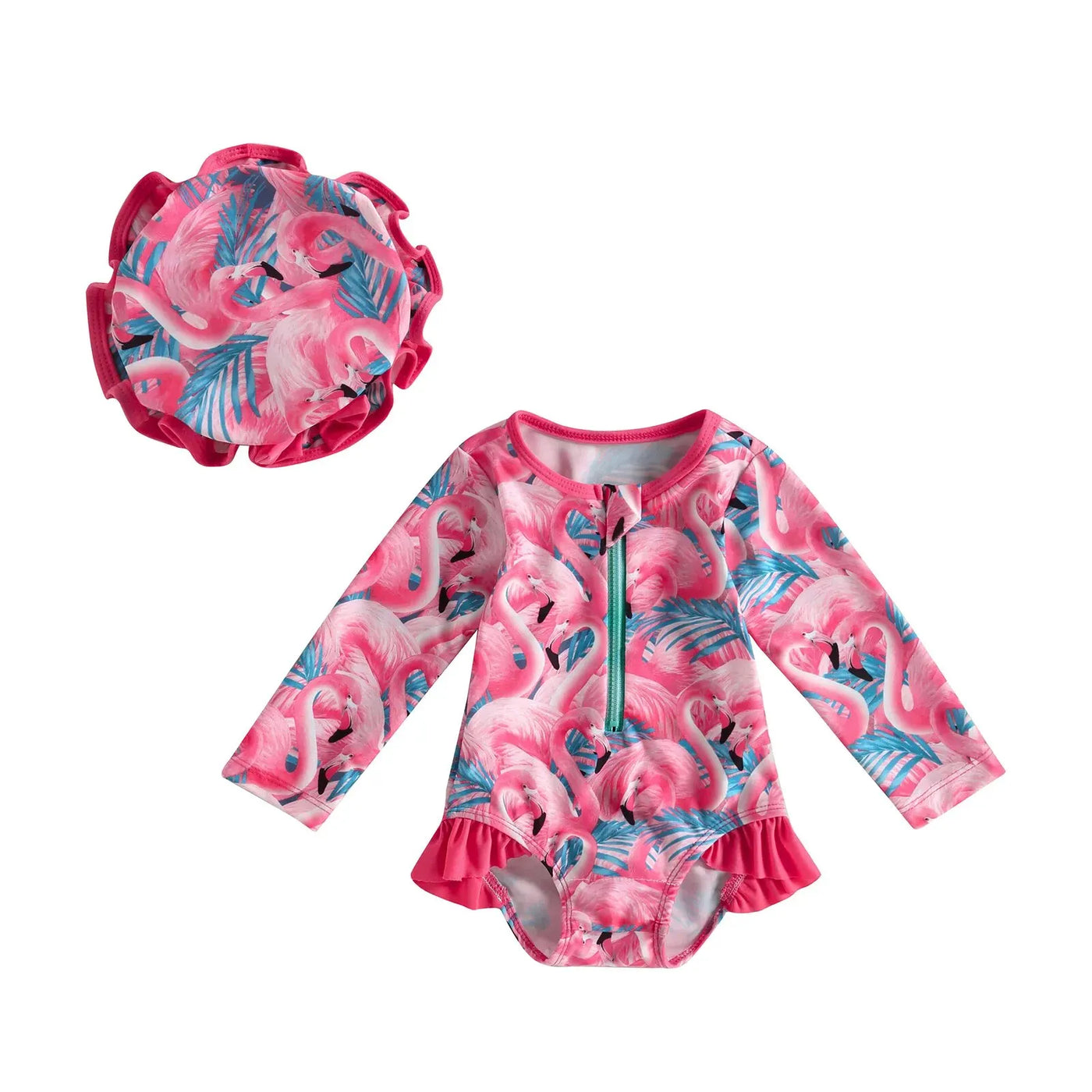 Combinaison de bain bébé fille Mybooni | Flamant/Fleurs/Fraises + bandeau 6-24M