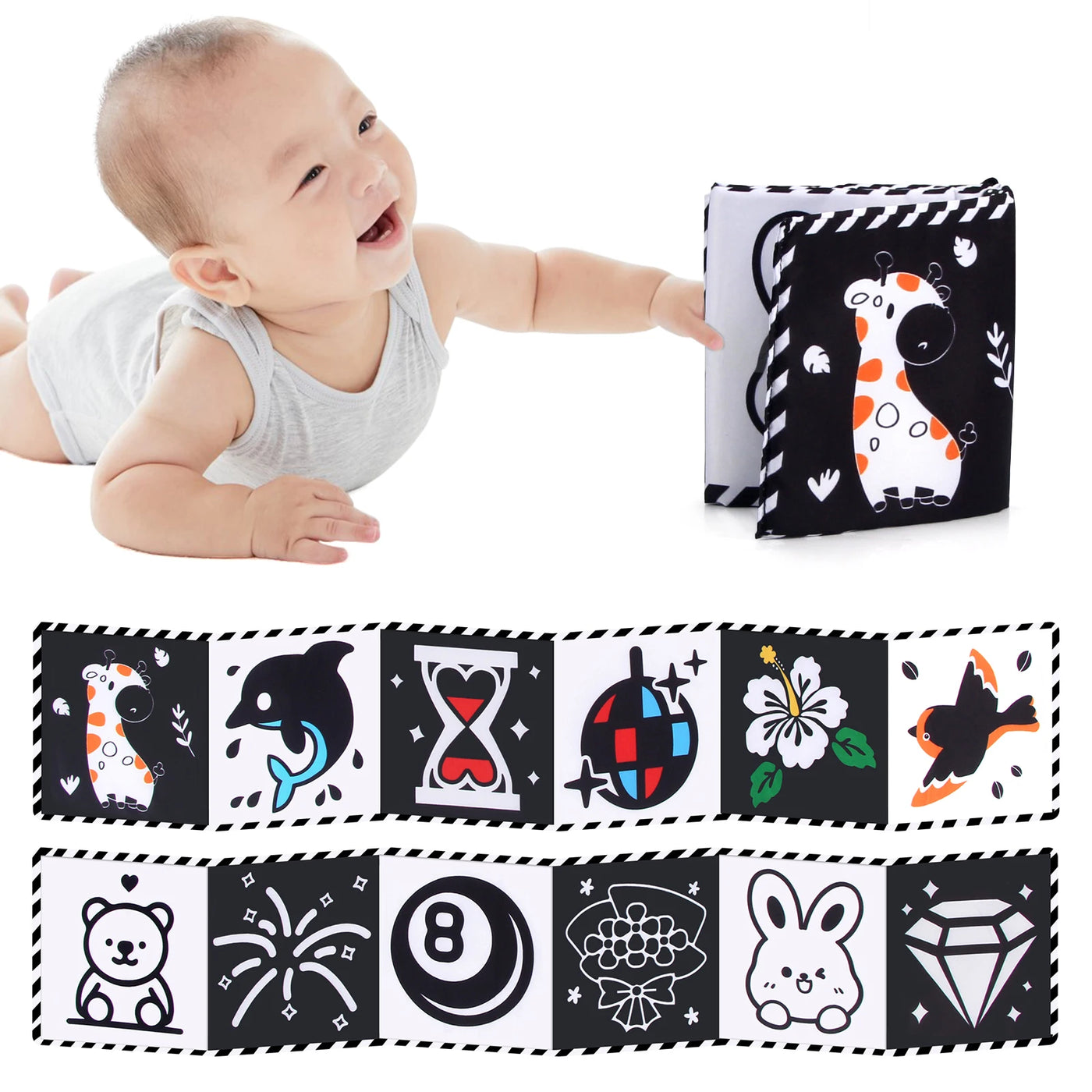 Livre tissu sensoriel contraste élevé Mybooni — Éveil noir et blanc 0-36M