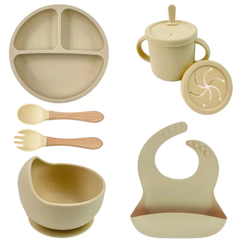 Set vaisselle bébé silicone sans BPA Mybooni — Bol ventouse assiette tasse couverts