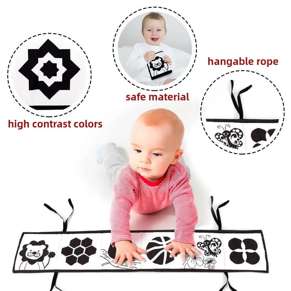 Livre tissu bébé Mybooni — Noir et blanc activités sensorielles nouveau-né
