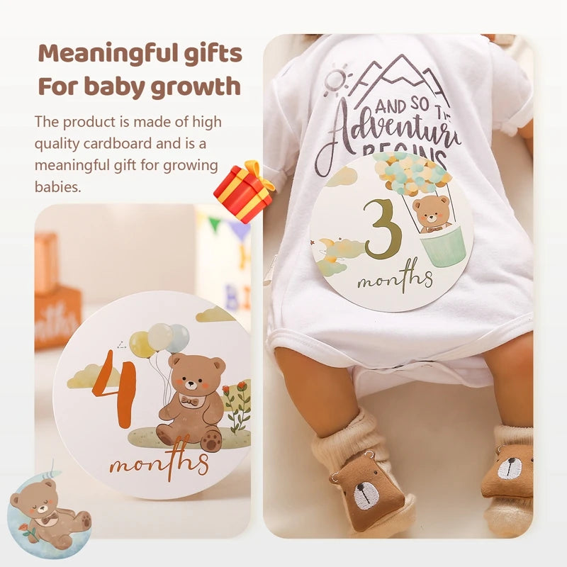 Cartes jalons bébé Mybooni | 16 cartes mensuelles ours gravé — Souvenir naissance