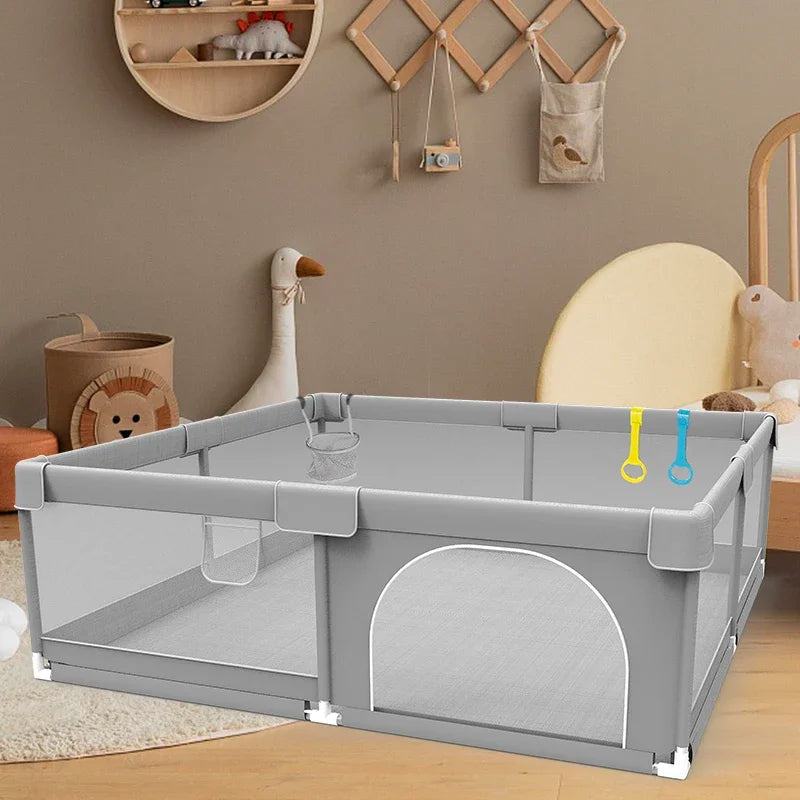 Parc bébé IMBABY gris Mybooni — Aire de jeu avec anneau de traction et balle