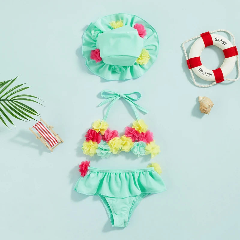Bikini 3 pièces bébé fille Mybooni — Imprimé fleurs avec chapeau