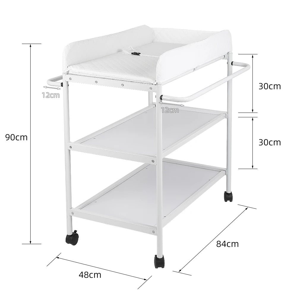 Table à langer 48 cm 4 roulettes Mybooni — 2 étagères ceinture de sécurité