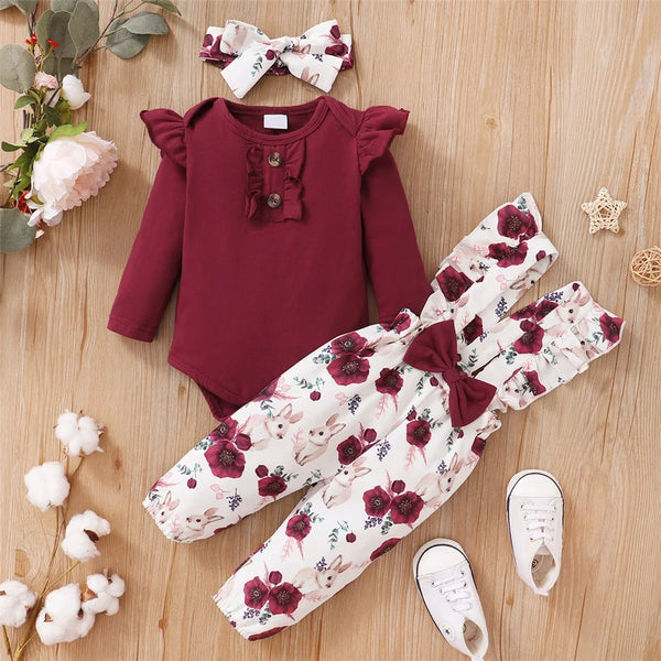 Ensemble 2 pièces bébé fille Bouni — body rouge manches longues et pantalon fleuri