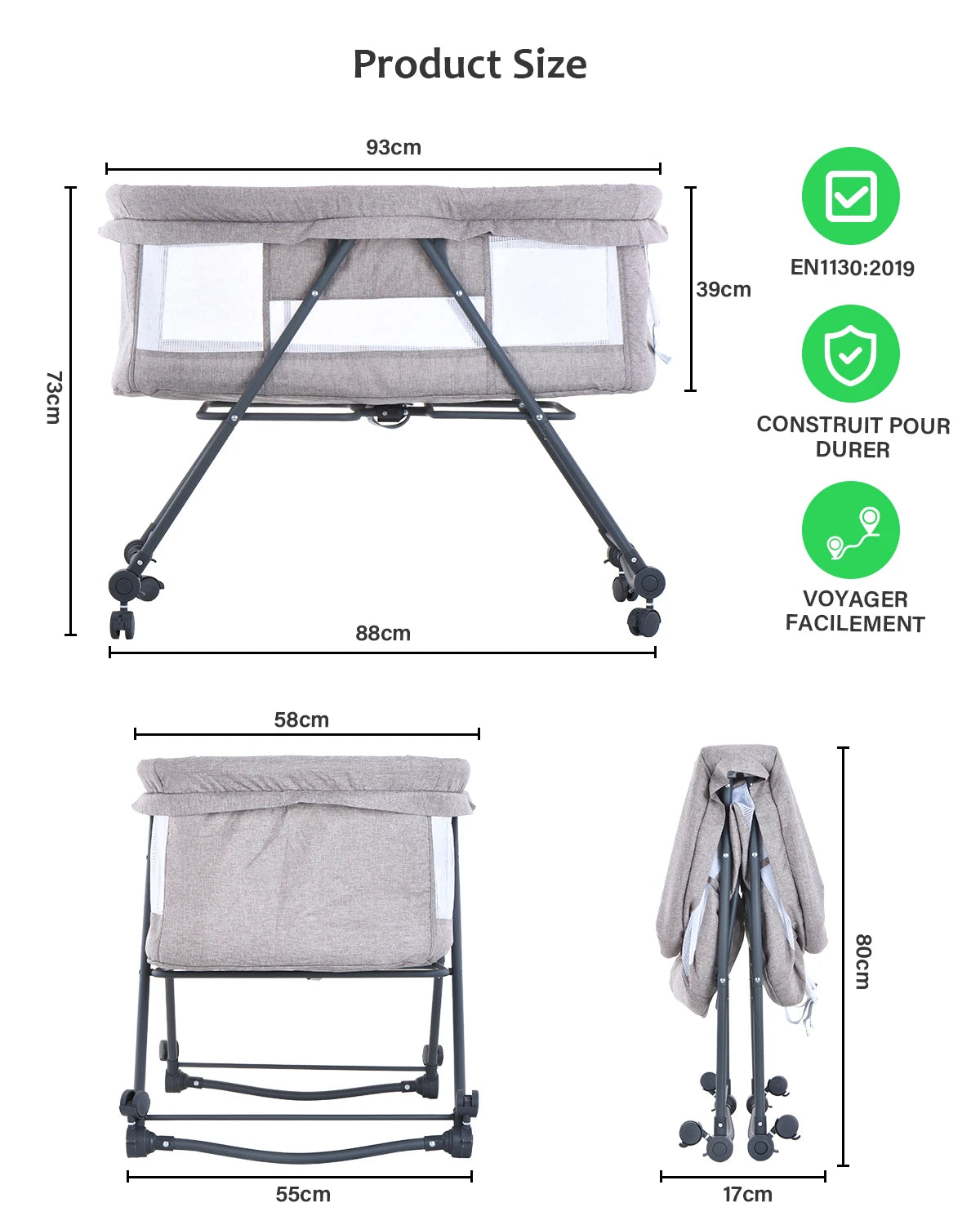 Lit de voyage bébé Mybooni — Matelas roulettes silencieuses berceau convertible