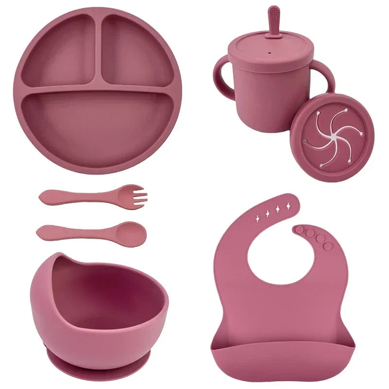 Set repas bébé silicone sans BPA ventouse - bol assiette tasse paille cuillère fourchette enfant