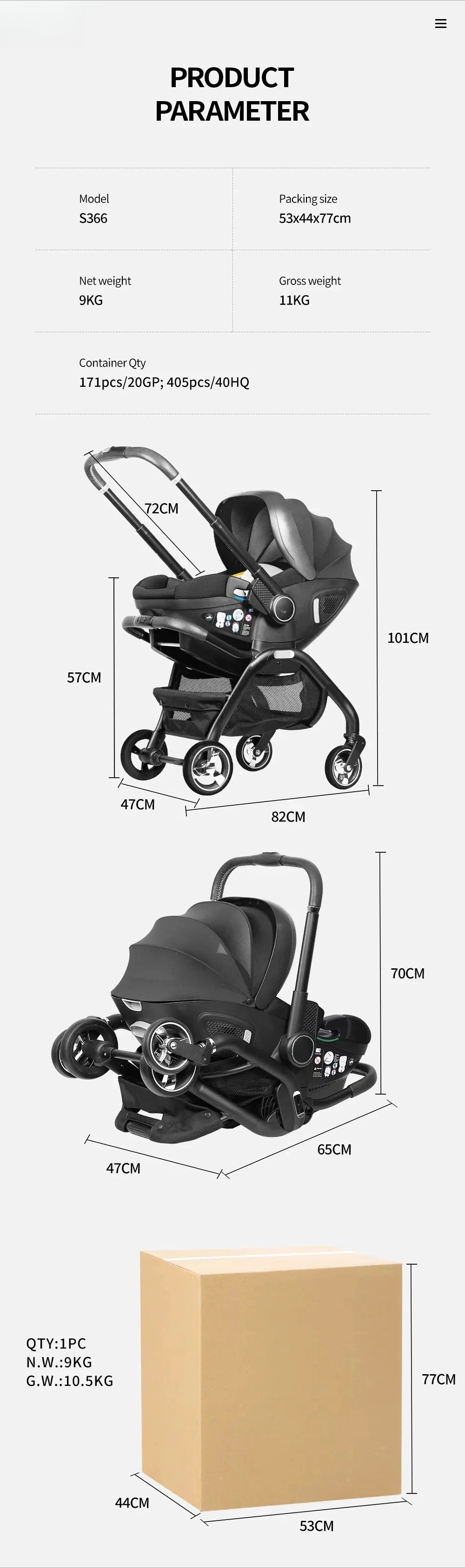 Poussette 4-en-1 Bouni — fiche technique dimensions et poids