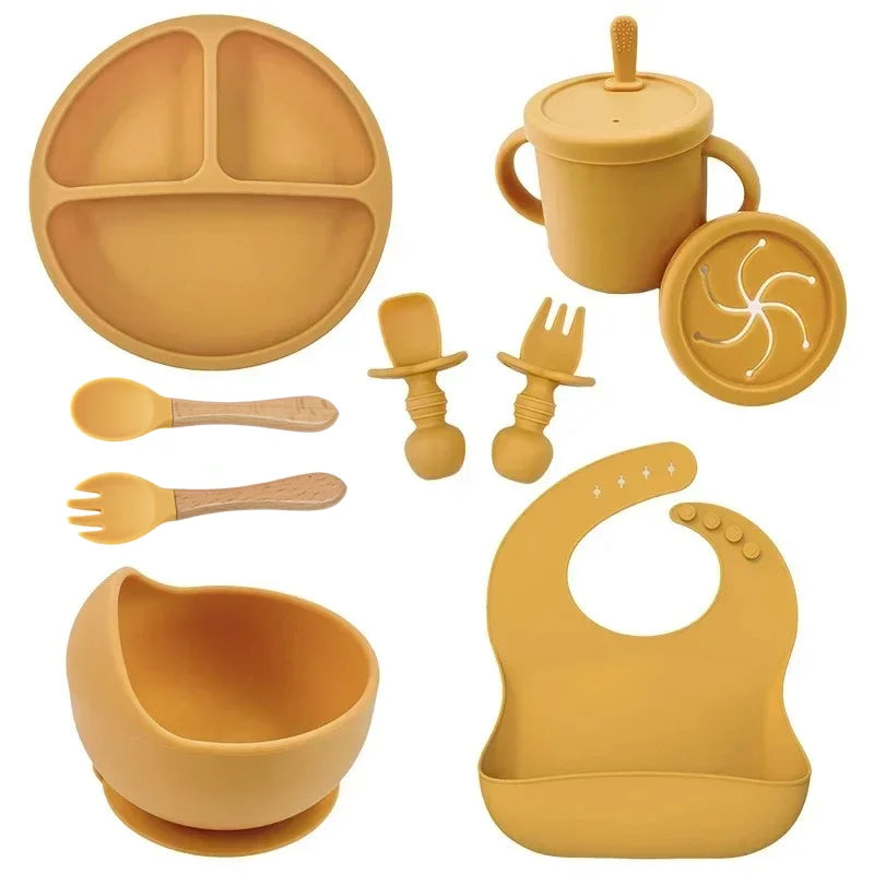 Set repas bébé silicone sans BPA ventouse - bol assiette tasse paille cuillère fourchette enfant