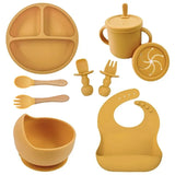 Set repas bébé silicone sans BPA ventouse - bol assiette tasse paille cuillère fourchette enfant