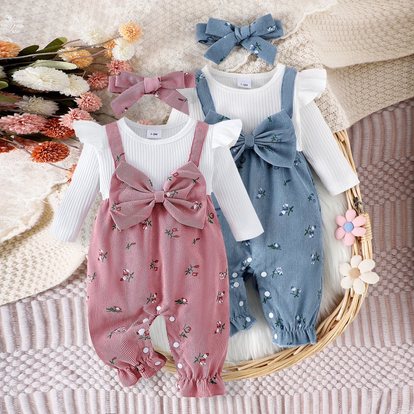 Barboteuse bébé fille floral Mybooni — Grenouillère manches longues avec bandeau