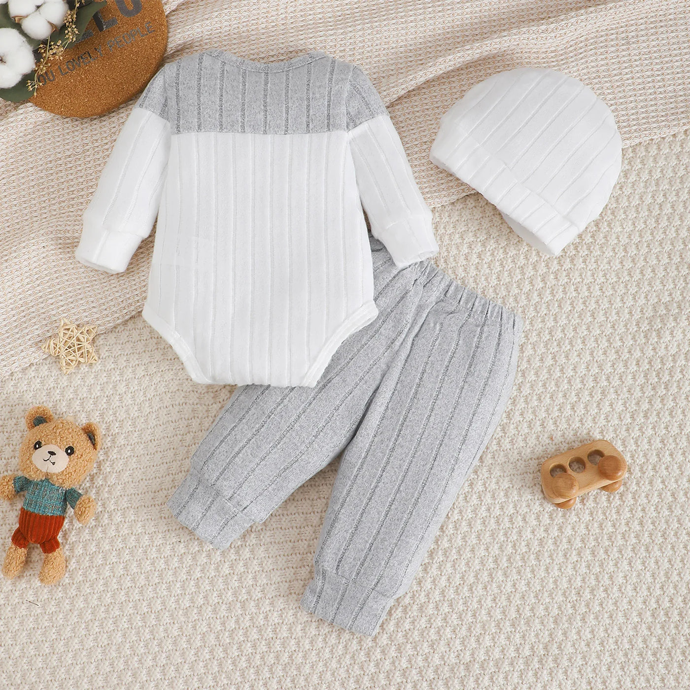 Ensemble 3 pièces bébé garçon rayé Bouni — Haut + Pantalon + Bonnet 0-18M