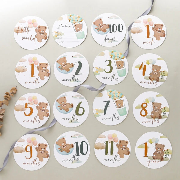 Set 16 cartes jalons bébé mensuels ours gravé — Bouni