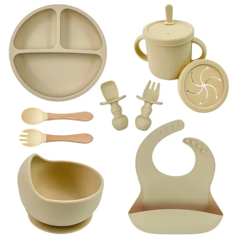Set repas bébé silicone sans BPA ventouse - bol assiette tasse paille cuillère fourchette enfant
