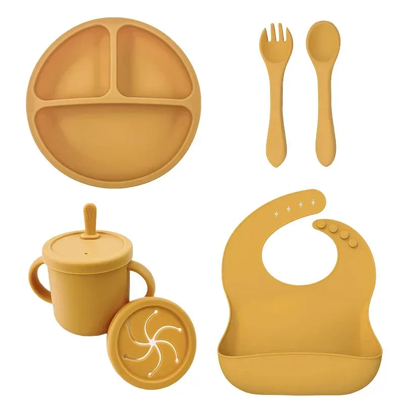 Set repas bébé silicone sans BPA ventouse - bol assiette tasse paille cuillère fourchette enfant