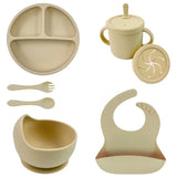 Set repas bébé silicone sans BPA ventouse - bol assiette tasse paille cuillère fourchette enfant