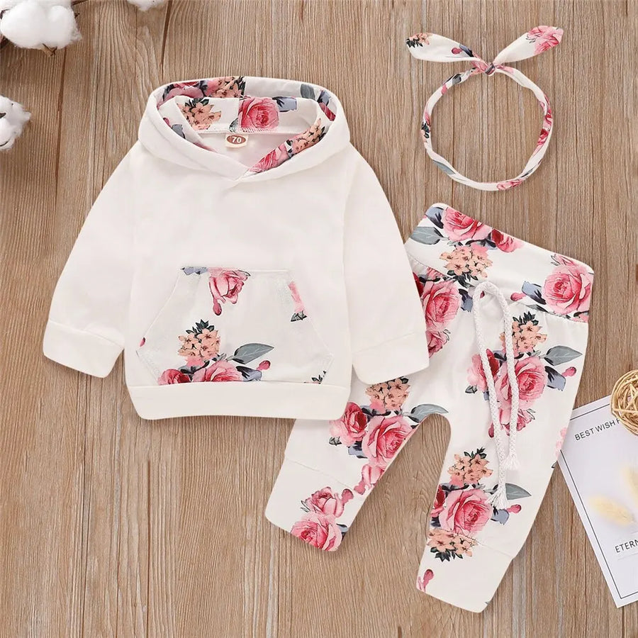 Ensemble 3 pièces bébé fille Bouni — haut floral manches longues pantalon et bandeau