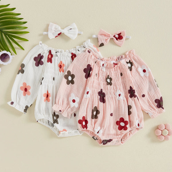 Ensemble bébé fille body fleuri Mybooni — Manches longues et bandeau nœud
