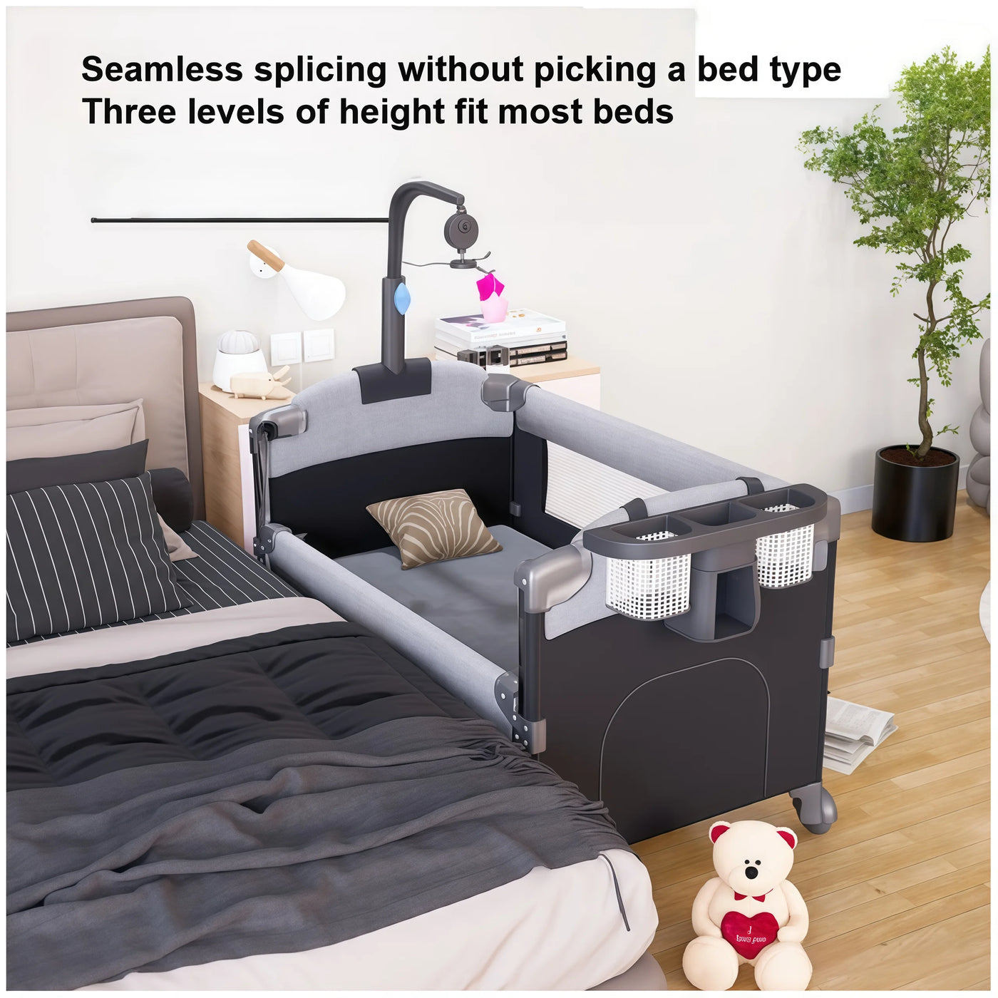 Lit bébé pliant portable hauteur réglable - berceau multifonction anti-basculement respirant côté dormeur
