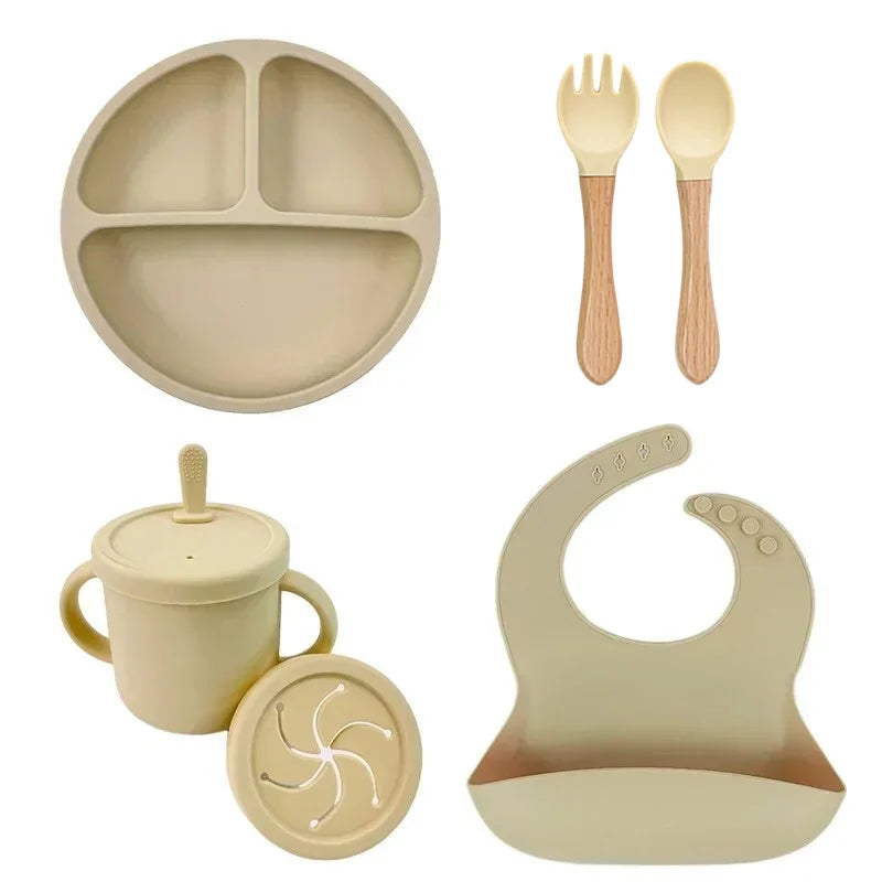 Set repas bébé silicone sans BPA ventouse - bol assiette tasse paille cuillère fourchette enfant
