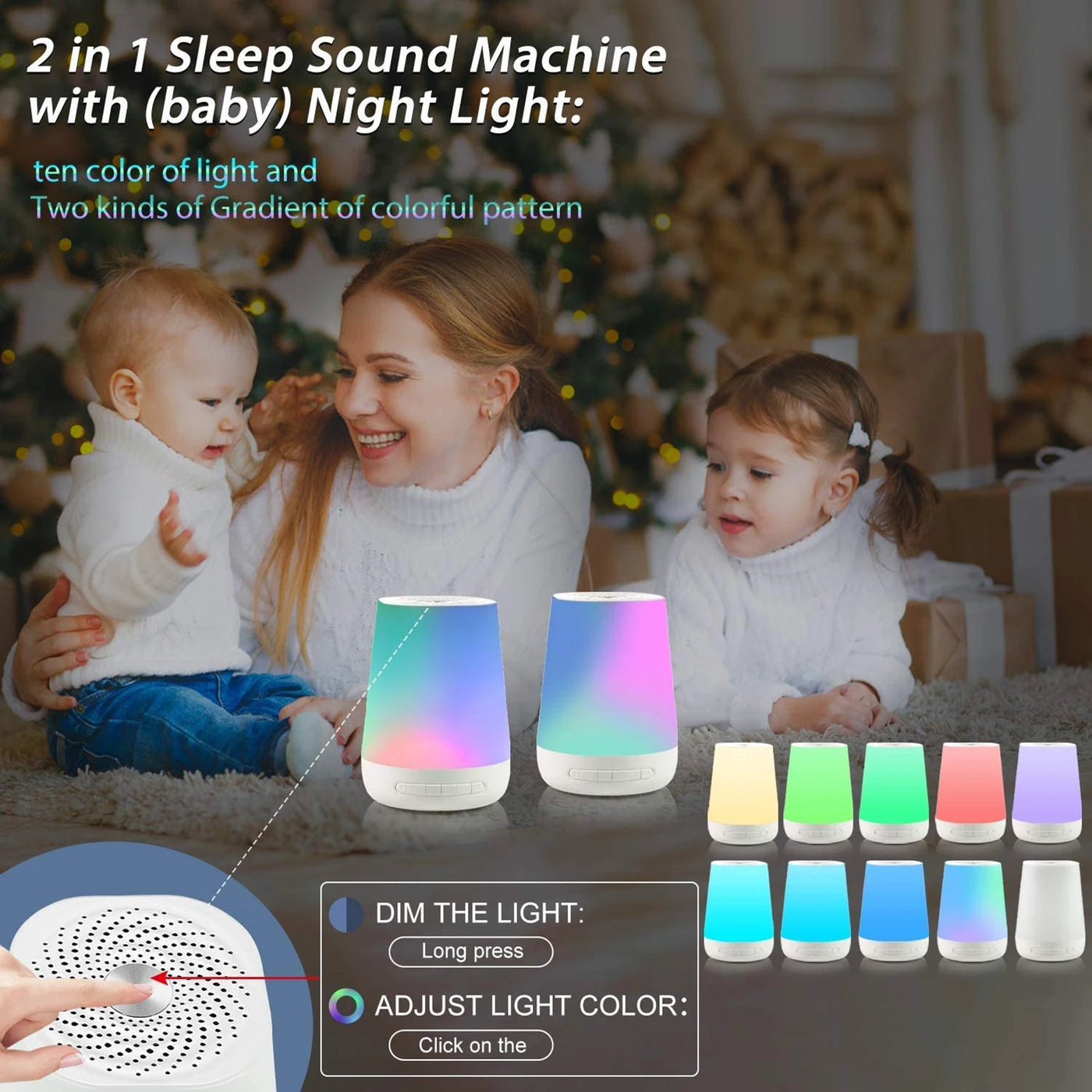 Machine à bruit blanc 28 sons Mybooni — Veilleuse colorée prise casque 3,5 mm