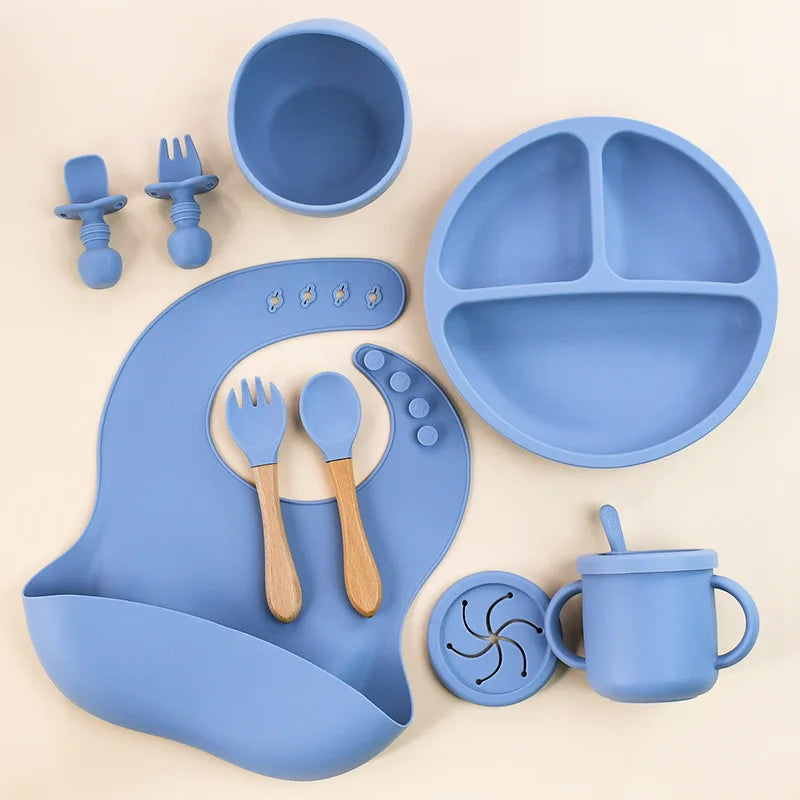 Set repas bébé silicone sans BPA ventouse - bol assiette tasse paille cuillère fourchette enfant