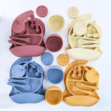 Set vaisselle bébé silicone sans BPA Mybooni — Bol ventouse assiette tasse couverts