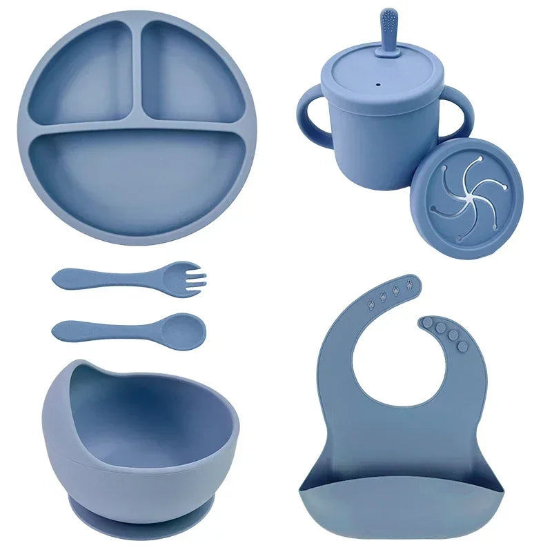 Set repas bébé silicone sans BPA ventouse - bol assiette tasse paille cuillère fourchette enfant