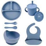 Set repas bébé silicone sans BPA ventouse - bol assiette tasse paille cuillère fourchette enfant