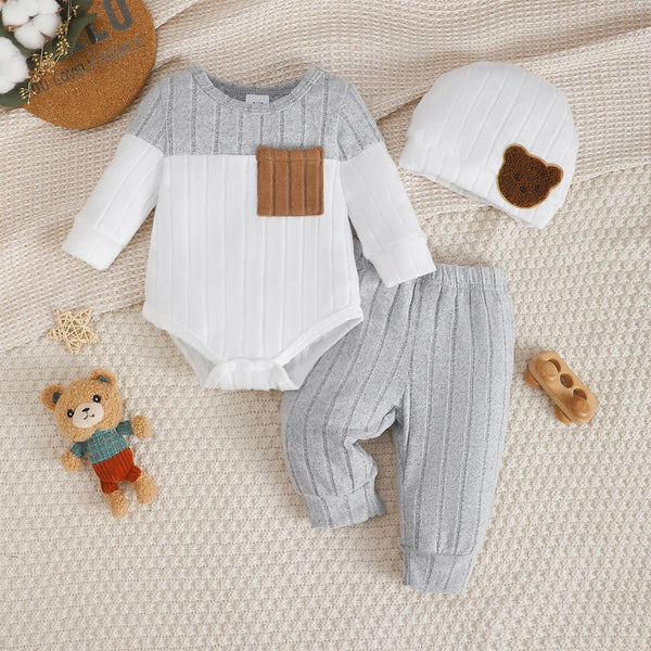 Ensemble 3 pièces bébé garçon rayé Bouni — Haut + Pantalon + Bonnet 0-18M