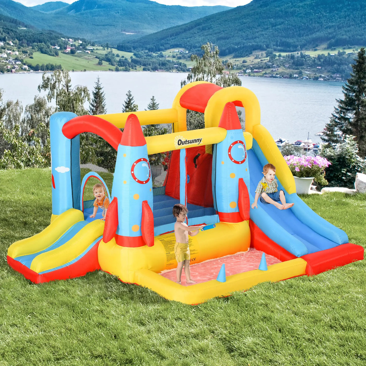 Outsunny Inflatable Castle with 2 Slides Pool J — vue face | Bouni