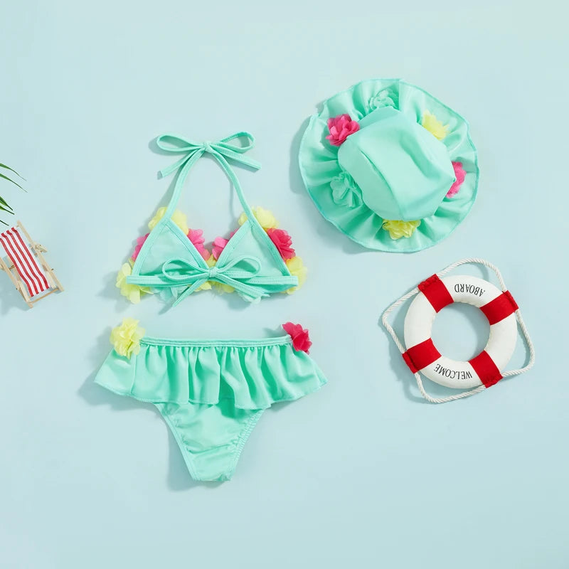 Bikini 3 pièces bébé fille Mybooni — Imprimé fleurs avec chapeau