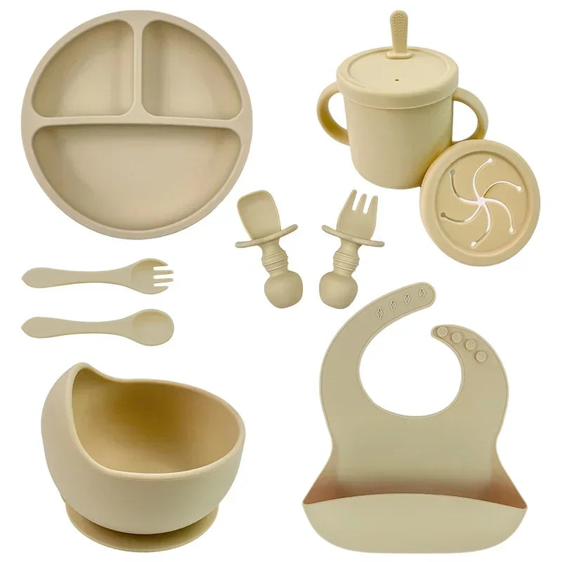 Set vaisselle bébé silicone sans BPA Mybooni — Bol ventouse assiette tasse couverts