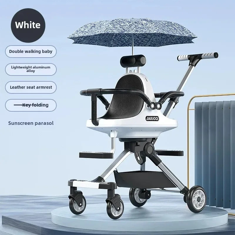 Poussette jumelle légère haute vue avec parasol pliable 4 roues