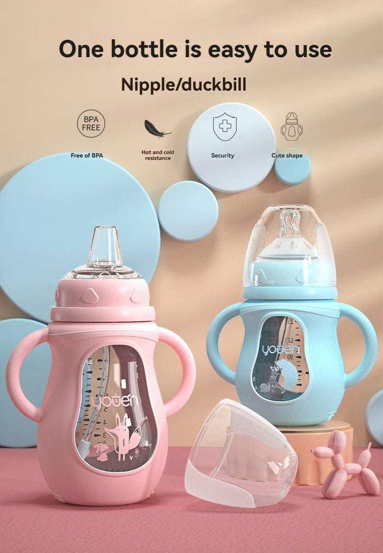 Biberon verre col large manchon silicone anti-coliques BPA Free