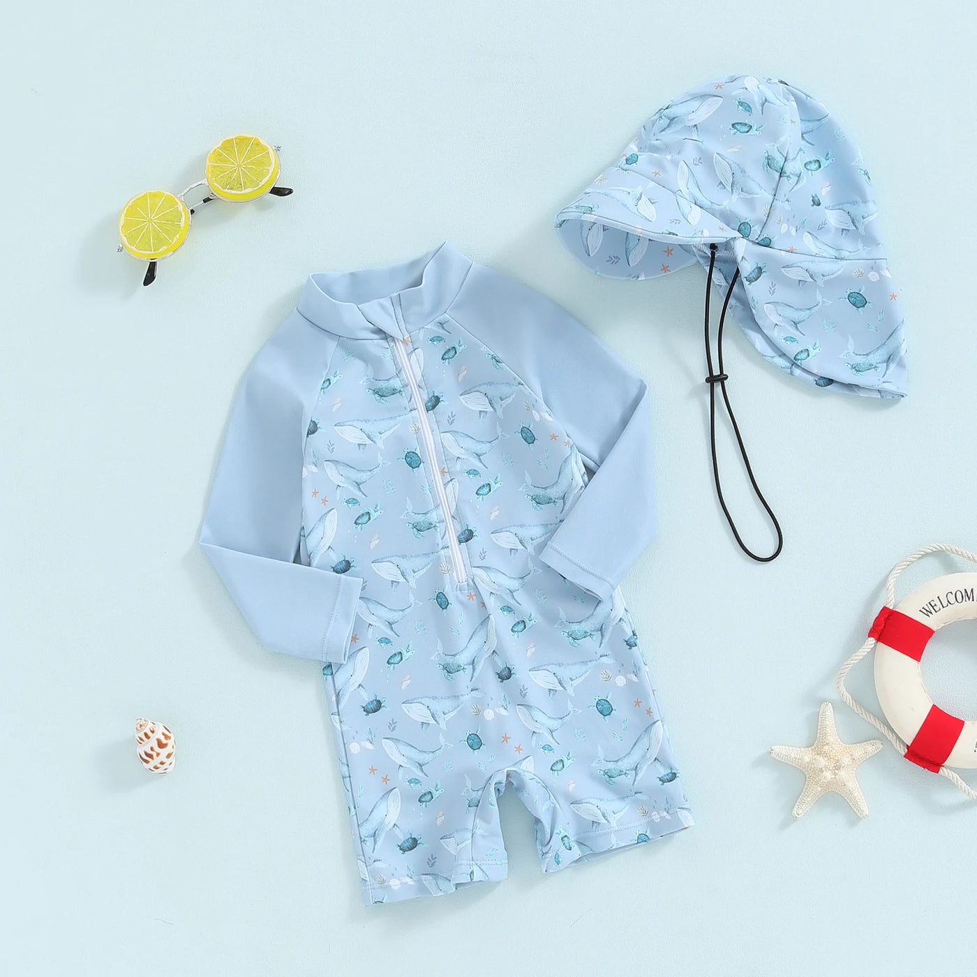 Maillot de bain anti-UV garçon Mybooni — Imprimé baleine avec chapeau 0-5 ans